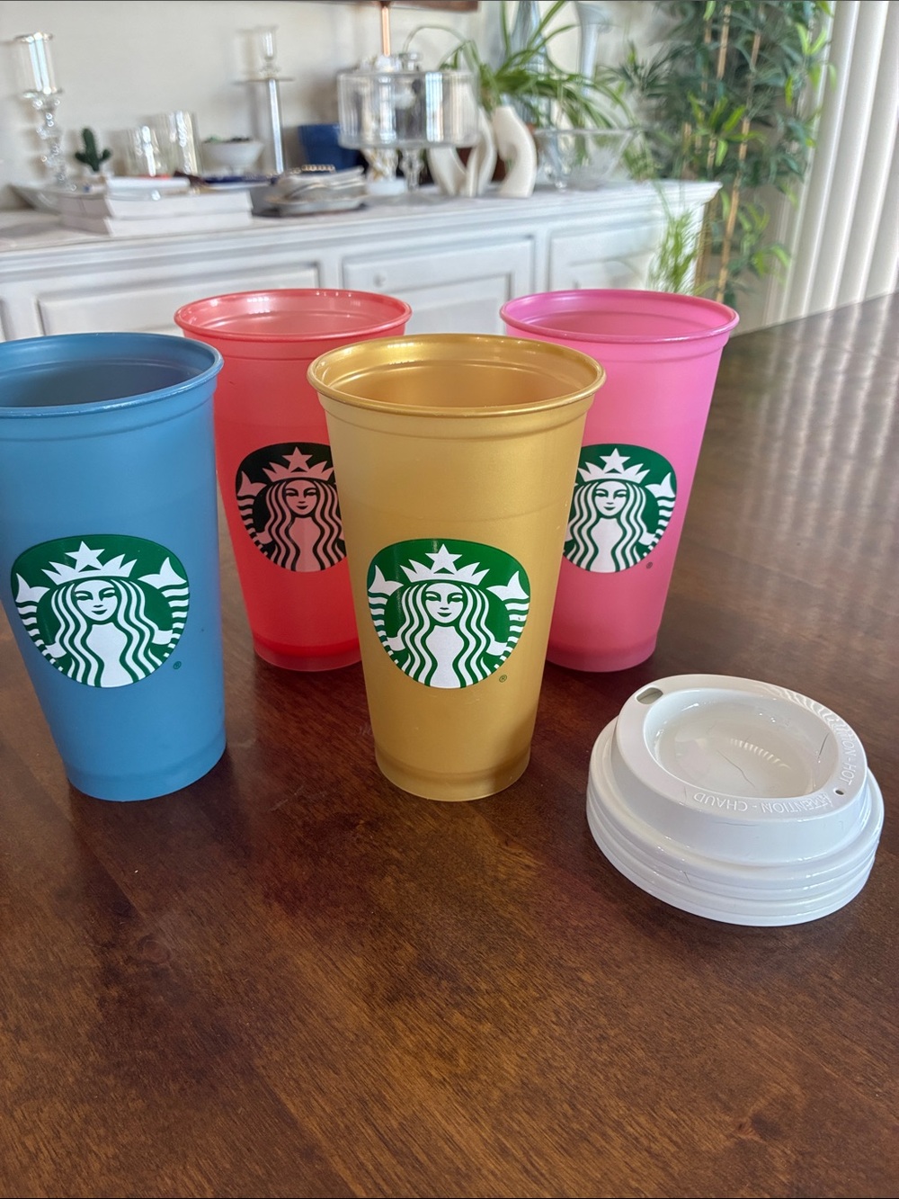 Starbucks Plastic Party Cups in Gold, Blue, Coral, Pink (Set)